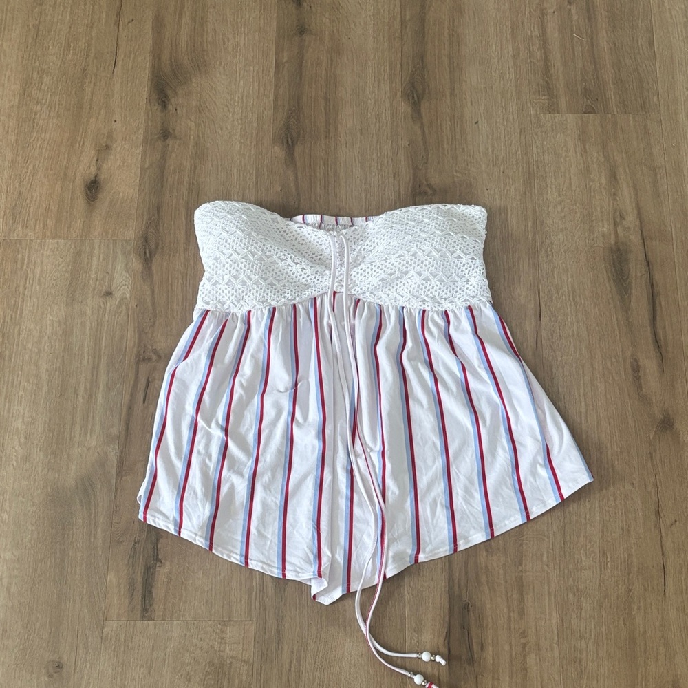 White Strapless top with red and blue stripes